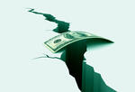 large crack in the earth which is bridged by a one hundred dollar bill signifying economic danger and stimulus