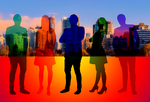 Silhouettes of business people in a rainbow of colors set to the backdrop of a city.