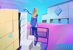 A fun and vibrant photo illustration of a Sam's Club employee stocking packages