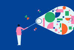 Illustration of a person catching data shapes in a net