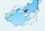 a red paper airplane leading two white planes through a bank of clouds, mean to symbolize leadership in a crisis