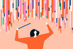 Illustration of person curating bars of data like a conductor of a symphony.