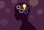 An illustration of a gears and a lightbulb inside a person's head amongst a background of conversation bubbles signifying the concept of brainstorming while being provided criticism or feedback.