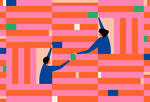 An illustration where one person is handing another person data blocks to build an entire data wall