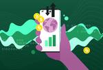 hand holding a phone with a wave of financial images flowing from it, meant to represent fintech