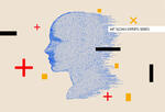 An stylized illustration of a human face in profile with a variety of computation characters surrounding it.