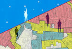 Illustration of of a person reaching the stars juxtaposed with people spread across a map from a 1938 Home Owners' Loan Corporation map that ranked neighborhoods on desirability