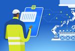 Illustration of manufacturing plant worker manipulating a digital device to manipulate robotics
