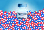 Image of a covid vaccine vial and hearts and thumbs-up to illustrate vaccine acceptance