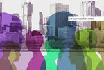 A collage of silhouettes of people over a city skyline
