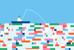 Illustration of a person in a boat fishing in a sea of data blocks