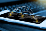 mobile phone with small bitcoin symbols bouncing on its face, meant to represent fintech and blockchain