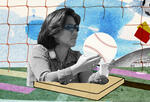 A collage of Kim Ng and various sports objects referencing football, baseball, and soccer.