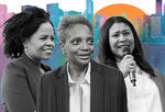 Boston mayor Kim Janey, Chicago mayor Lori Lightfoot, and San Francisco mayor London Breed (from left to right) in front of a city skyline illustration.