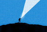 An illustration of a person using a flashlight to cast a beam a light amongst a sky of binary code