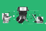 Illustration of a person chiseling numbers on a stone, using a typewriter, and using an computer