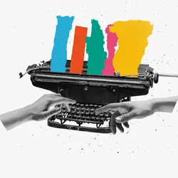 A photo illustration of colorful bars coming out of a typewriter