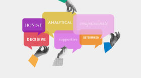 Gendered words "honest," "decisive," "analytical," "supportive," "determined," and "compassionate" in dialogue bubbles