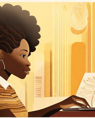 An illustration of a young woman working at a computer with creative things happening on the screen