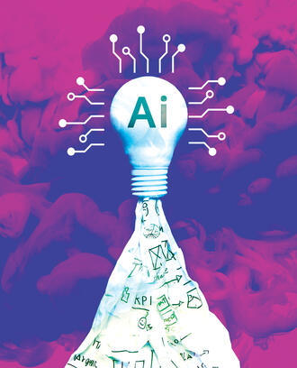 A lightbulb with the words "Ai" in front of abstract, artistic imagery.