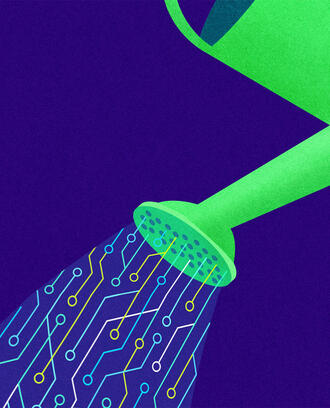 digital/AI/circuitry imagery flows out of a watering can